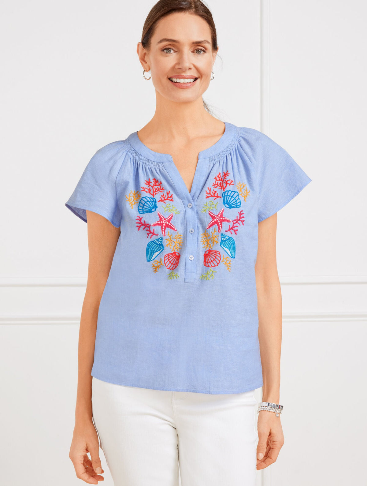 LINEN COTTON TOP - EMBROIDERED SEASHELL
