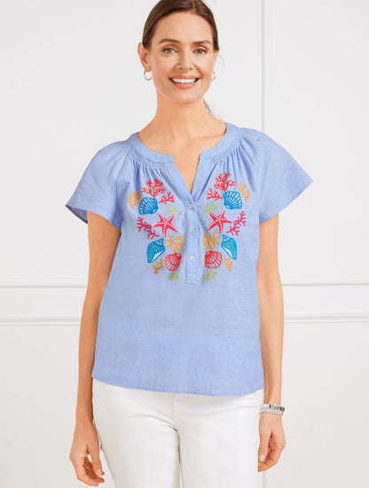 LINEN COTTON TOP - EMBROIDERED SEASHELL