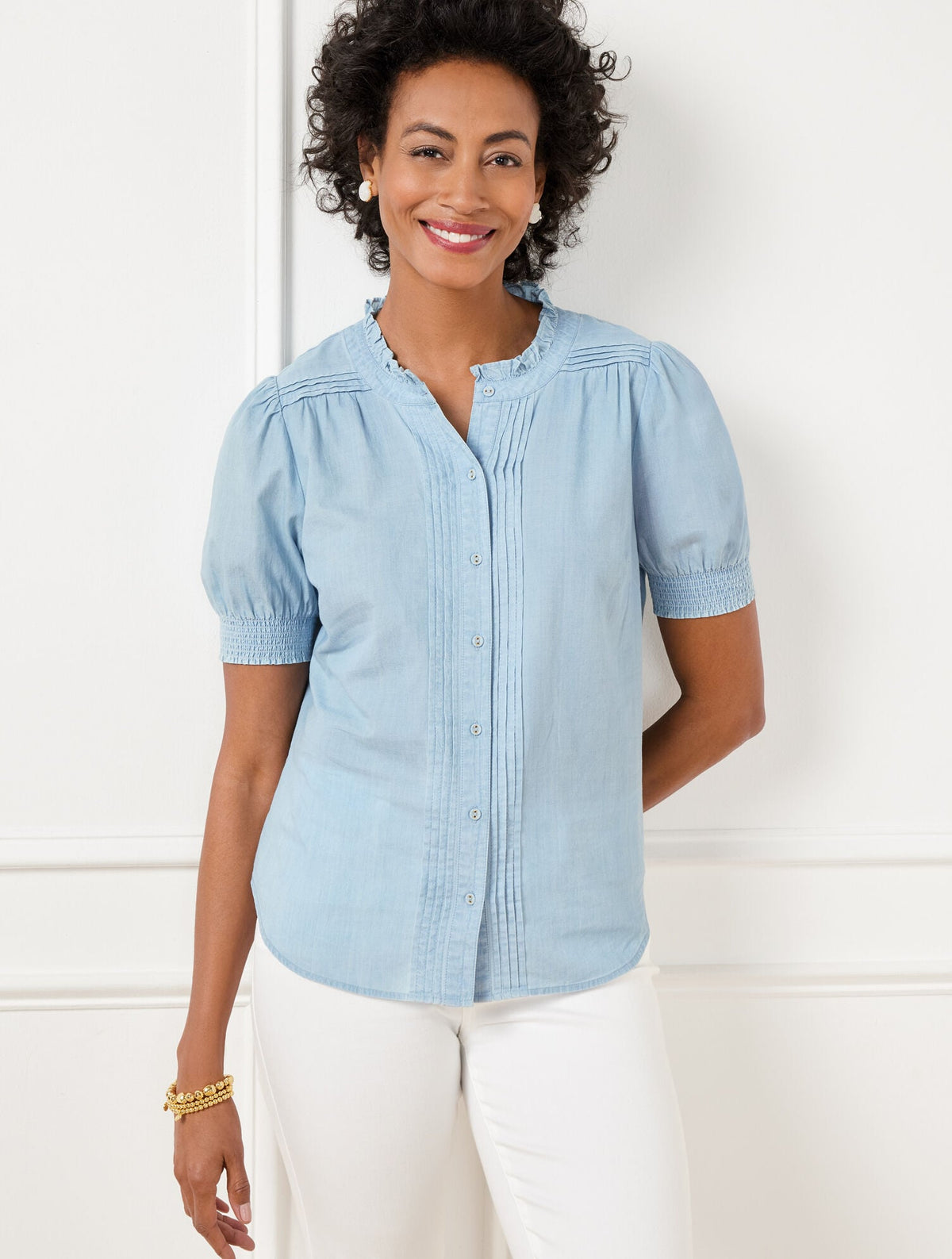 STITCH PLEAT CHAMBRAY TOP