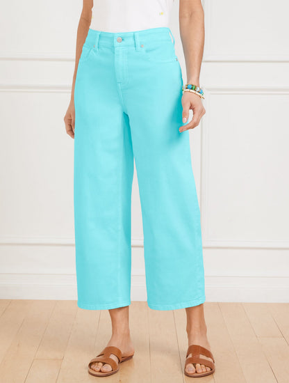 HIGH WAIST WIDE CROP JEANS - VIVID TURQUOISE