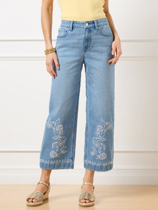 HIGH WAIST WIDE CROP EMBROIDERED JEANS - LACEY WASH