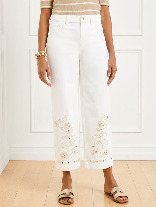 HIGH WAIST WIDE CROP EMBROIDERED JEANS