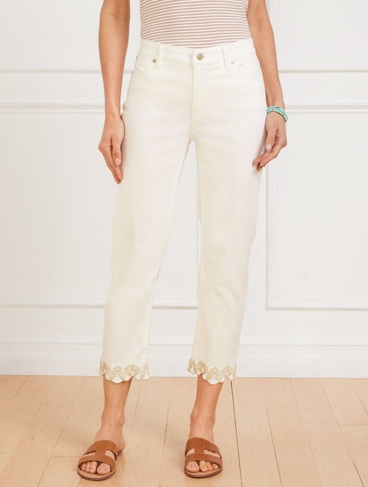 STRAIGHT CROP SCALLOP HEM JEANS - IVORY