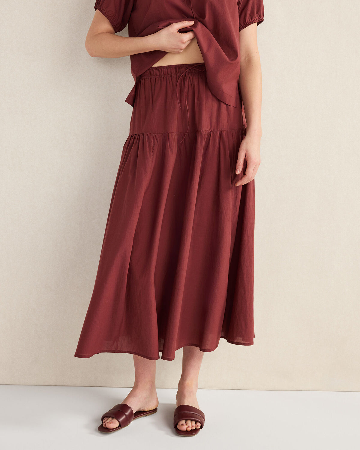 COTTON VOILE BLEND DROP WAIST MIDI SKIRT
