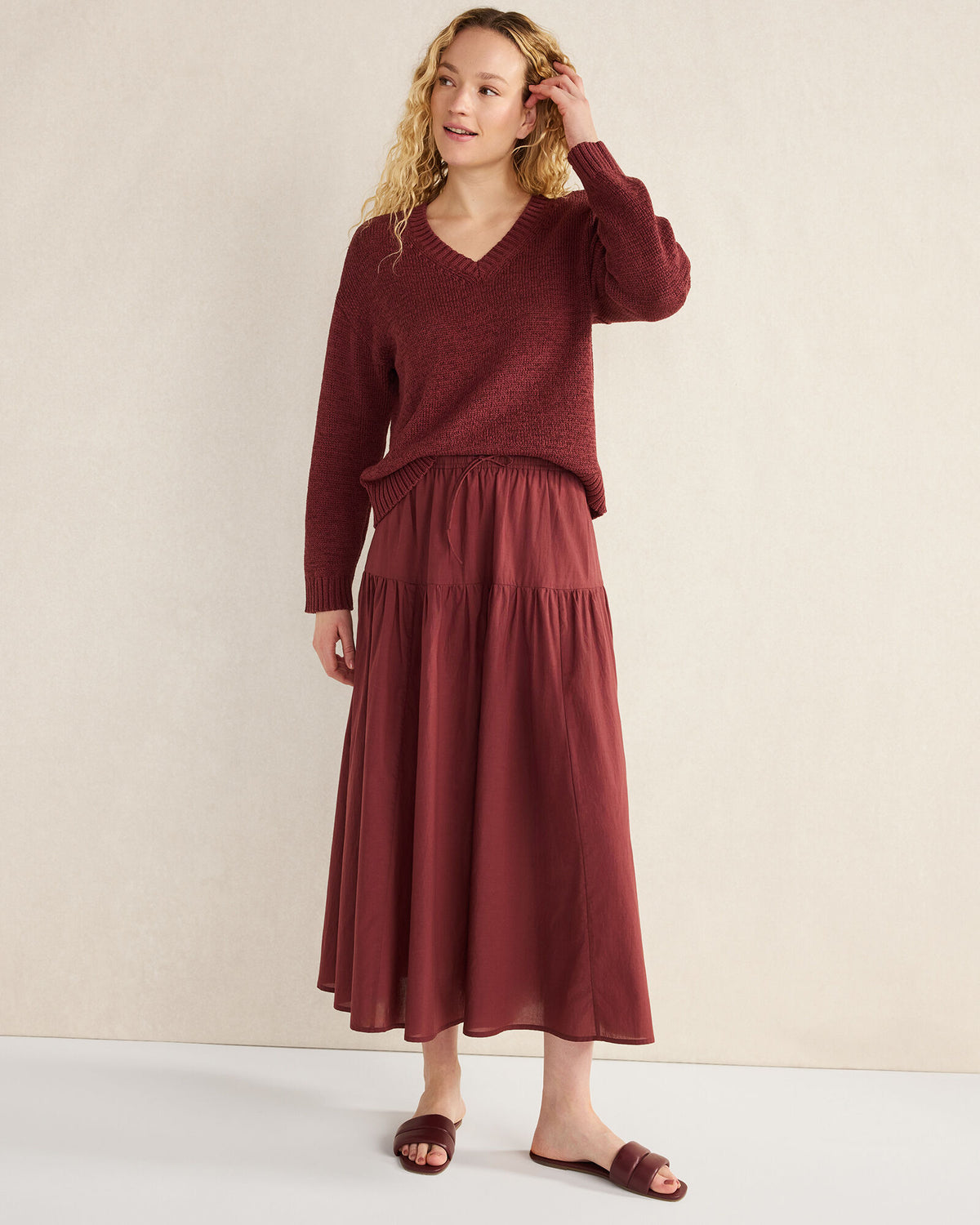COTTON VOILE BLEND DROP WAIST MIDI SKIRT