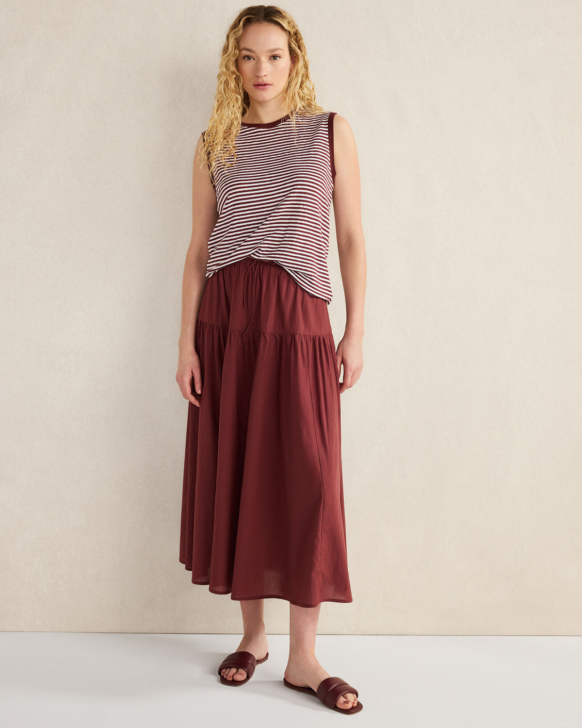 COTTON VOILE BLEND DROP WAIST MIDI SKIRT