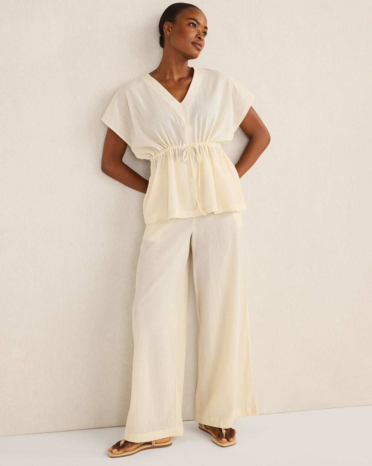 ORGANIC COTTON CRINKLE GAUZE WIDE LEG PANTS