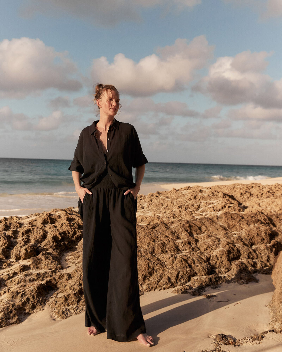 ORGANIC COTTON CRINKLE GAUZE WIDE LEG PANTS