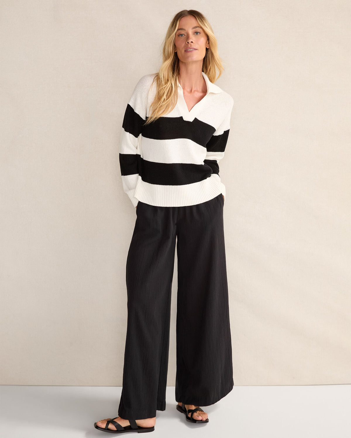 ORGANIC COTTON LINEN STRIPE JOHNNY COLLAR SWEATER