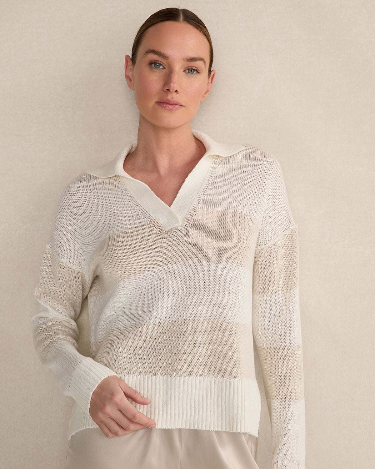 ORGANIC COTTON LINEN STRIPE JOHNNY COLLAR SWEATER