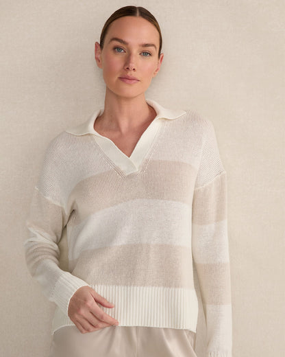 ORGANIC COTTON LINEN STRIPE JOHNNY COLLAR SWEATER
