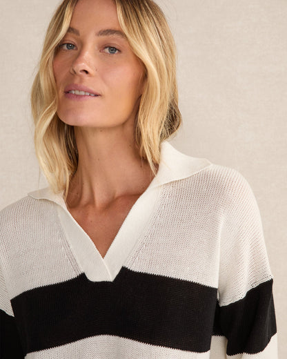 ORGANIC COTTON LINEN STRIPE JOHNNY COLLAR SWEATER