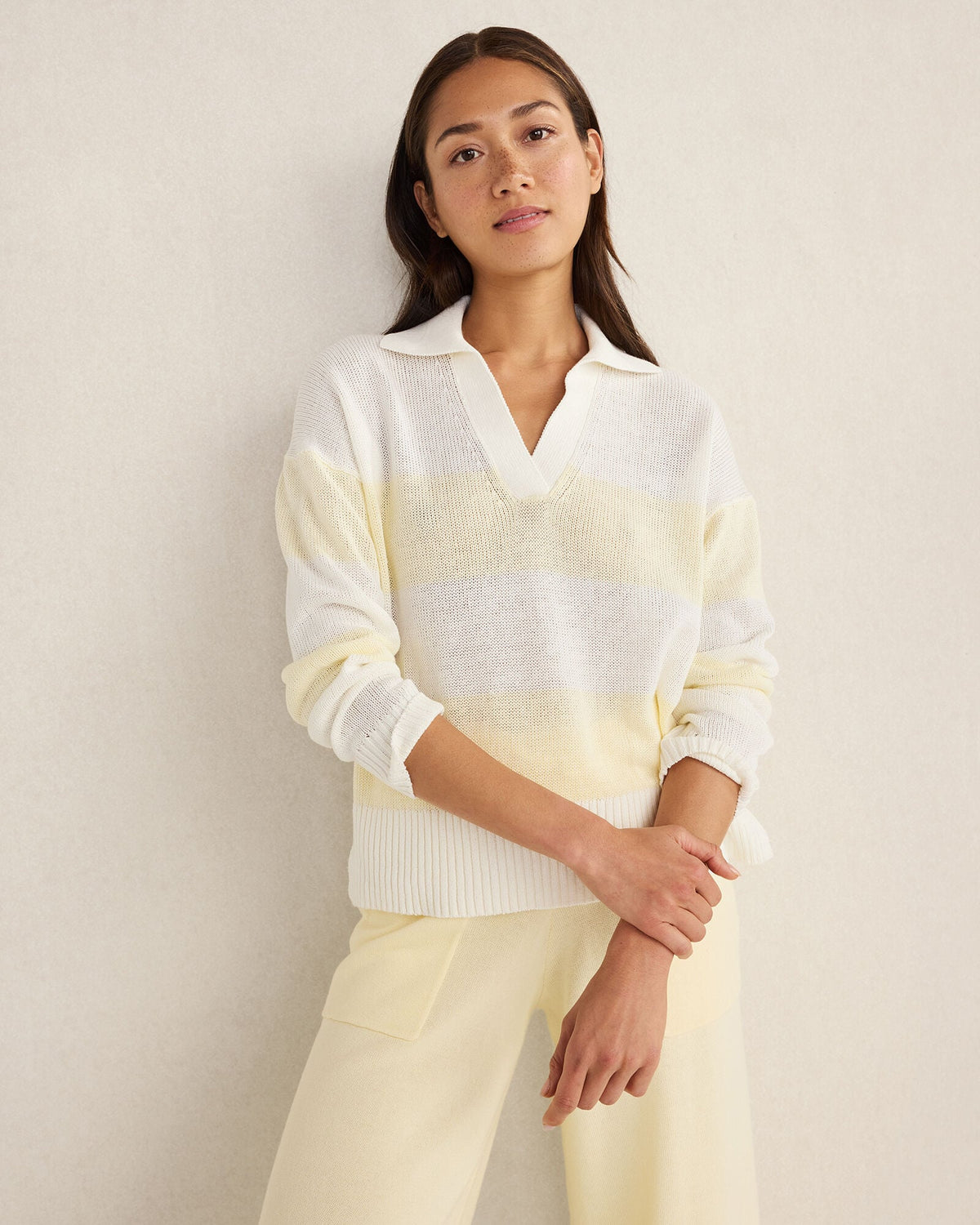 ORGANIC COTTON LINEN STRIPE JOHNNY COLLAR SWEATER