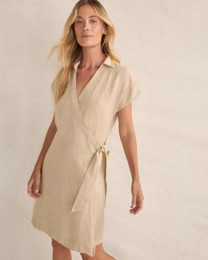 LINEN SHORT SLEEVE WRAP DRESS