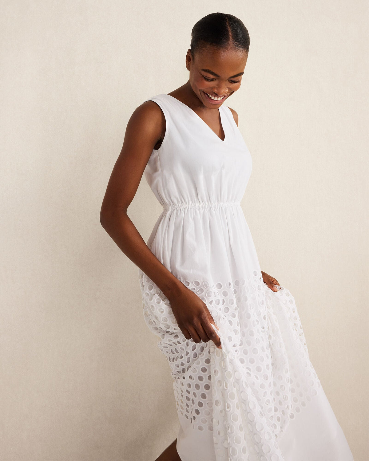 ORGANIC COTTON HONEYCOMB EYELET MIDI DRESS