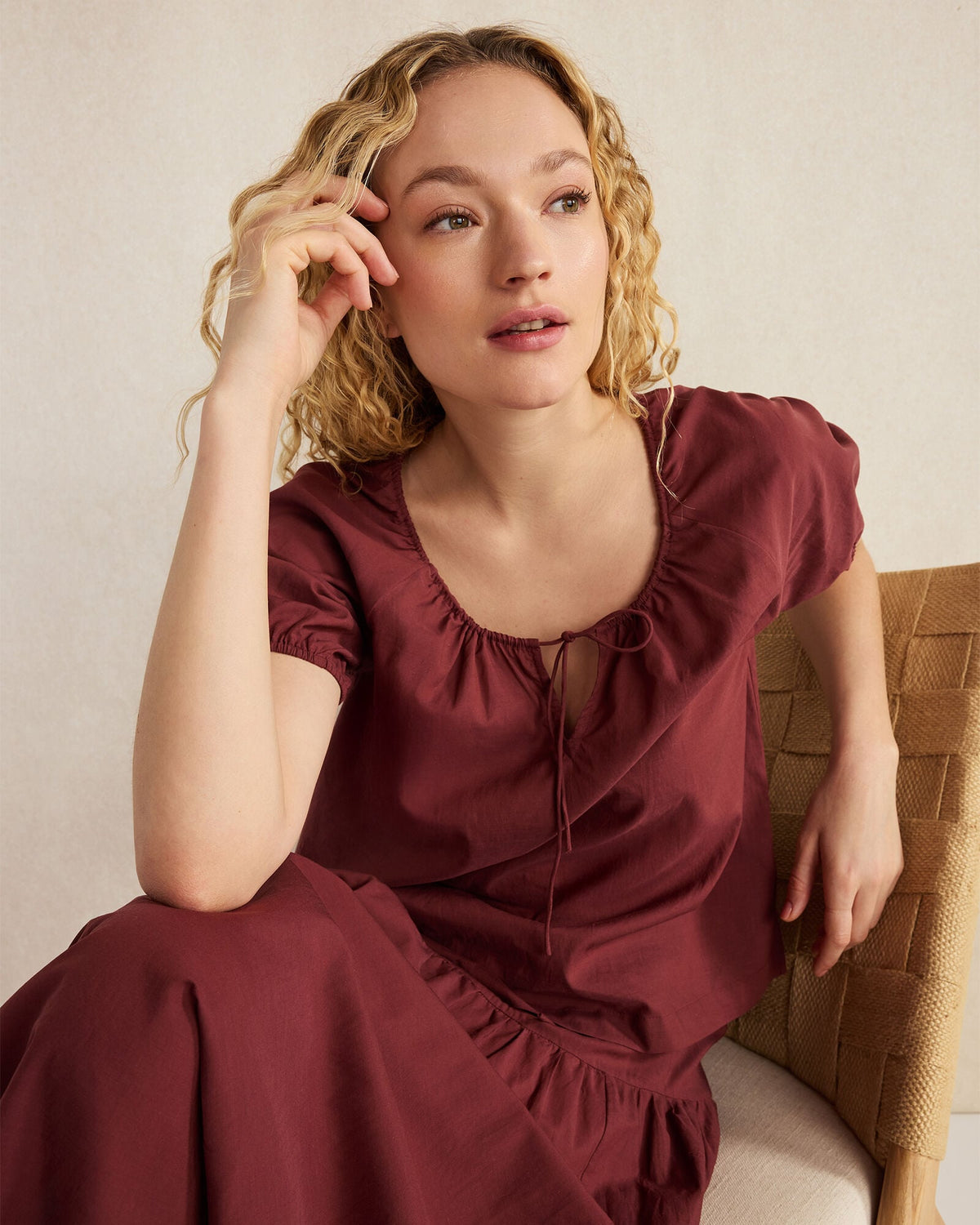 COTTON VOILE BLEND GATHERED SCOOP NECK TOP