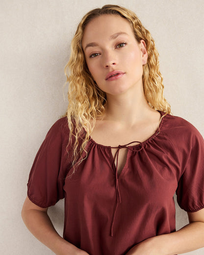 COTTON VOILE BLEND GATHERED SCOOP NECK TOP