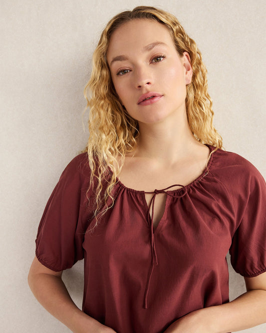 COTTON VOILE BLEND GATHERED SCOOP NECK TOP