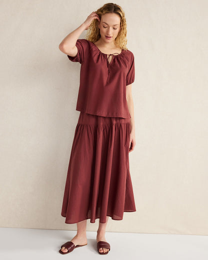COTTON VOILE BLEND GATHERED SCOOP NECK TOP