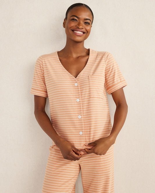 ORGANIC COTTON JERSEY STRIPED SHORT SLEEVE SLEEP TOP