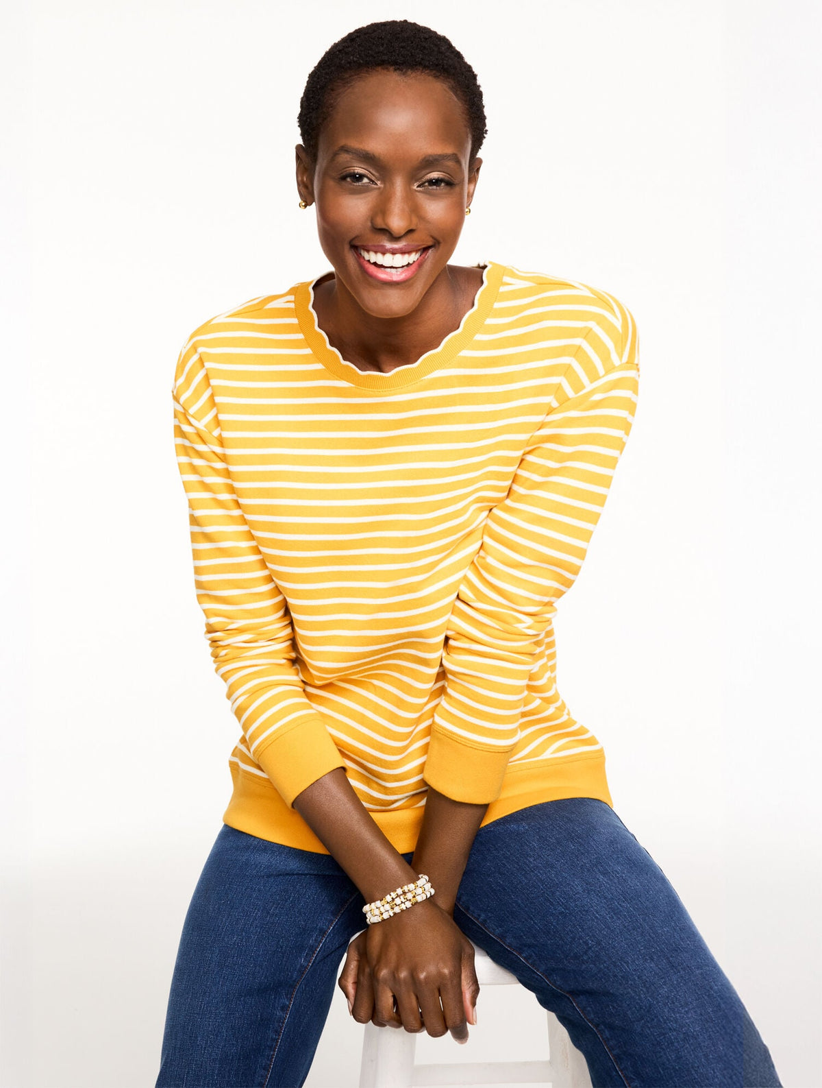 SCALLOPED TRIM FRENCH TERRY SWEATSHIRT - MAYFAIR STRIPE