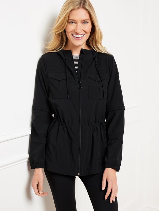 LIGHTWEIGHT WOVEN STRETCH HOODED CONVERTIBLE JACKET