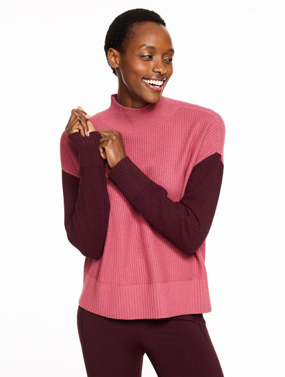 WAFFLE KNIT MOCKNECK COLORBLOCK SWEATER
