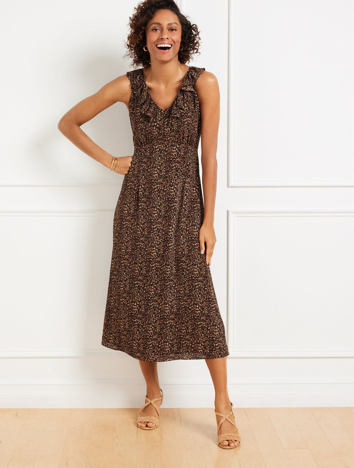 FIT & FLARE RUFFLE MIDI DRESS - DELICATE LEOPARD