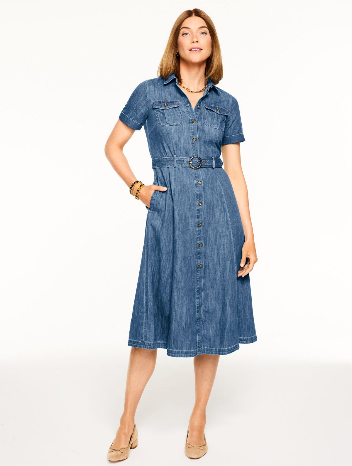 DENIM FIT & FLARE MIDI SHIRTDRESS