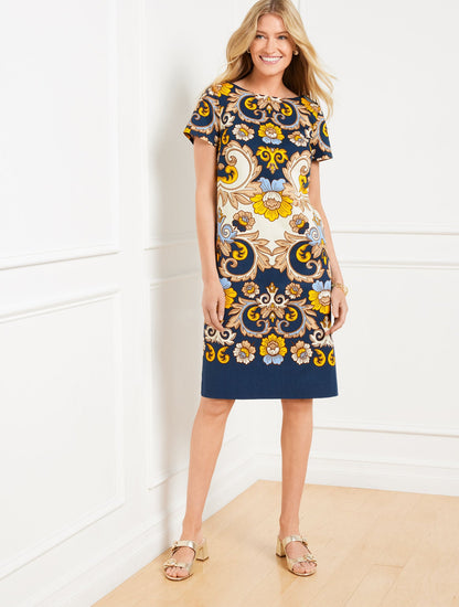 SHORT SLEEVE SHEATH DRESS - DELIGHTFUL BLOOMS