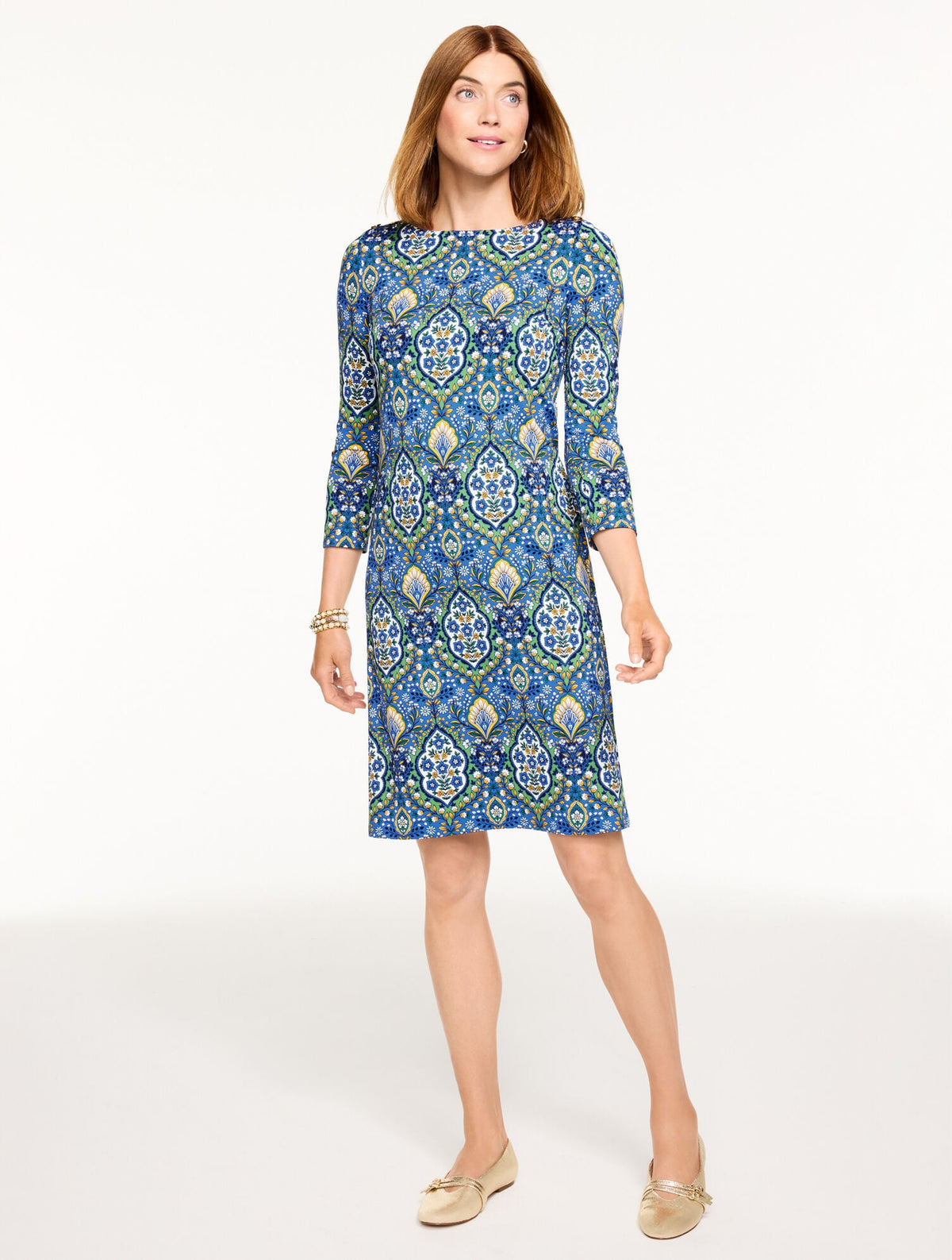EFFORTLESS JERSEY BUTTON SHOULDER SHIFT DRESS - BOTANICAL MEDALLION