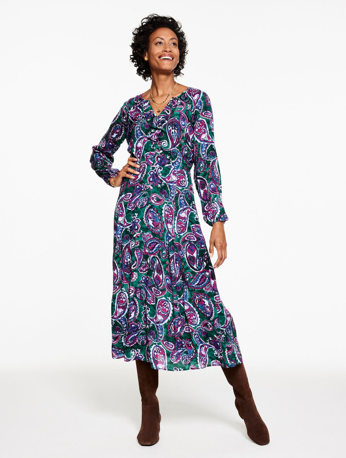FIT & FLARE RUFFLE DRESS - PICCADILLY PAISLEY