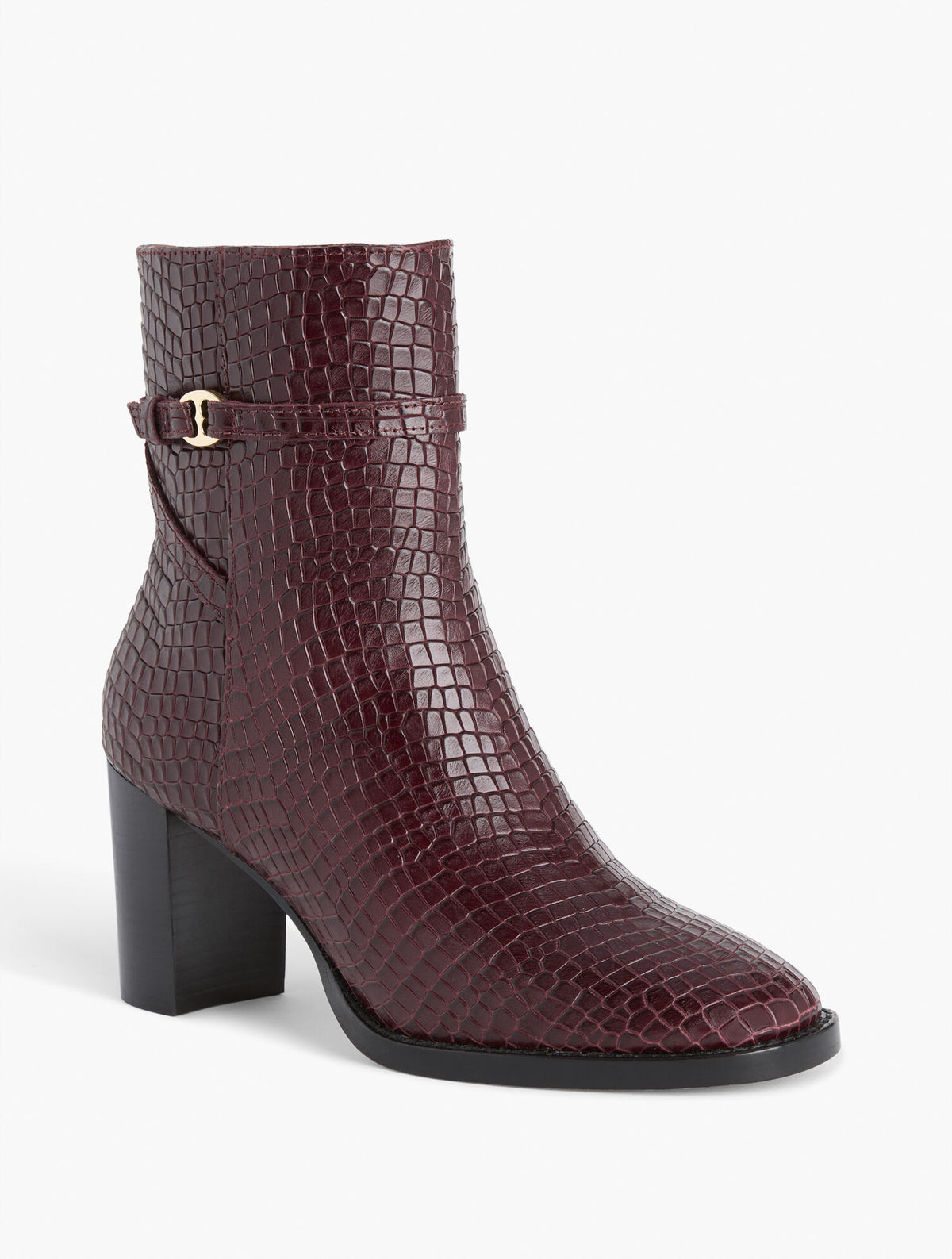 CLAUDETTE CROC EMBOSSED BLOCK HEEL ANKLE BOOTS