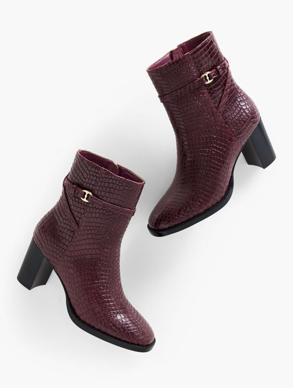 CLAUDETTE CROC EMBOSSED BLOCK HEEL ANKLE BOOTS