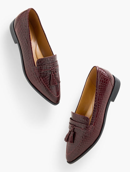 REECE POINTED TOE LEATHER LOAFERS - CROC EMBOSSED