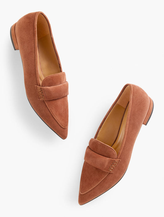SCARLET SUEDE POINTED TOE LOAFERS