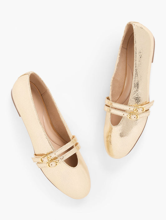 VERA LEATHER MARY JANE BALLET FLATS - METALLIC CRACKLE