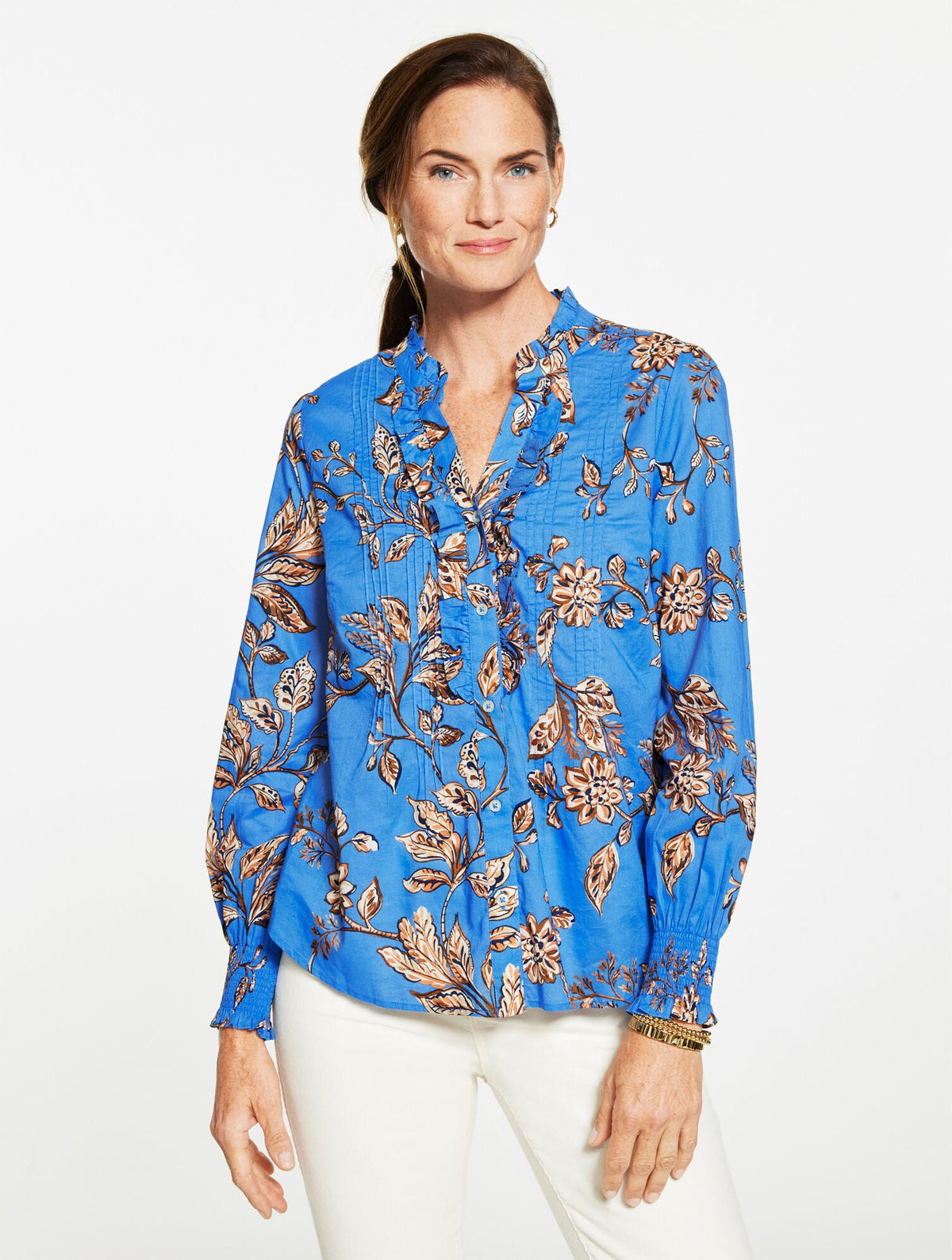 SMOCKED CUFF RUFFLE TOP - FLORAL SYMPHONY
