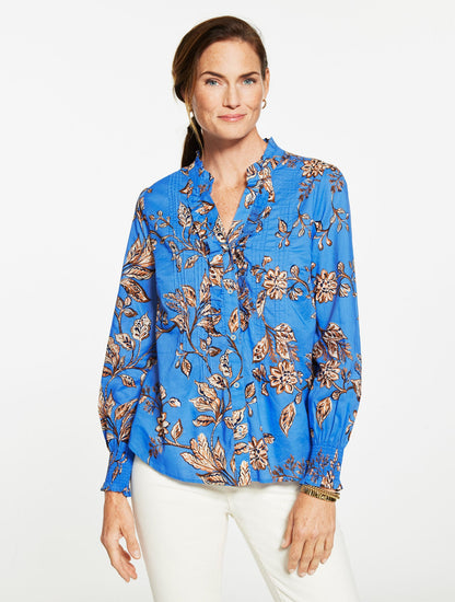 SMOCKED CUFF RUFFLE TOP - FLORAL SYMPHONY
