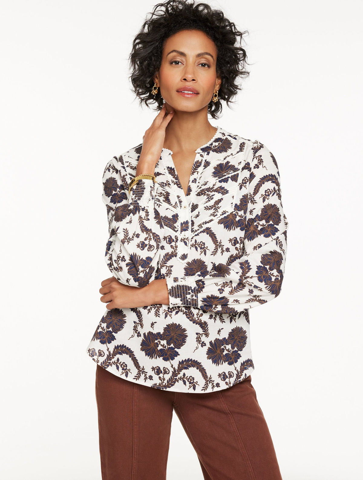 LACE TRIM PINTUCK TOP - CLIMBING CHRYSANTHEMUMS