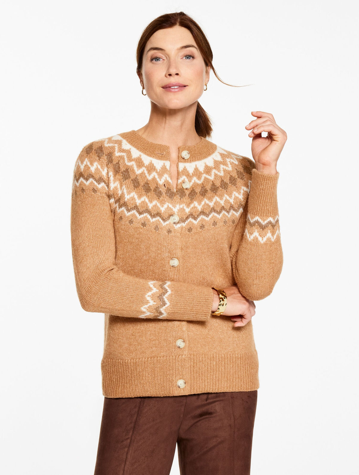 CREWNECK CARDIGAN - FAIR ISLE YOKE