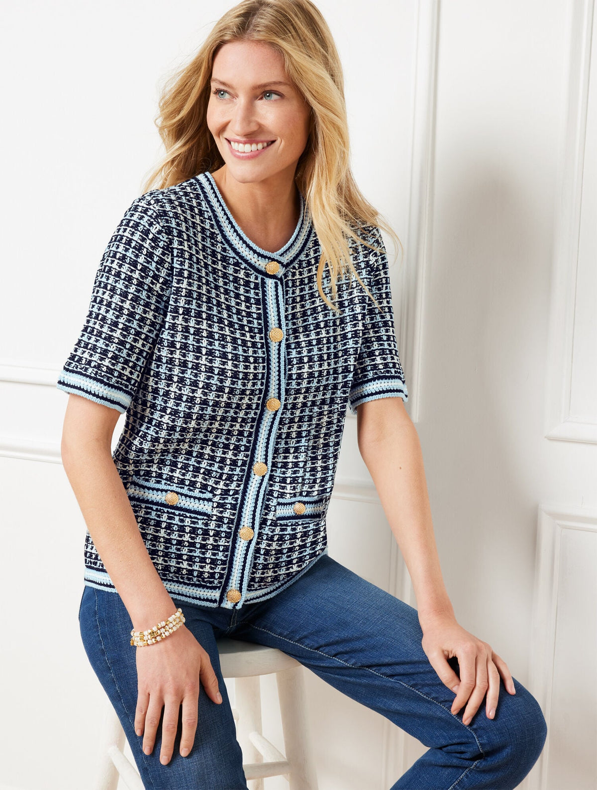 SHORT SLEEVE CARDIGAN - TEXTURE PLAID