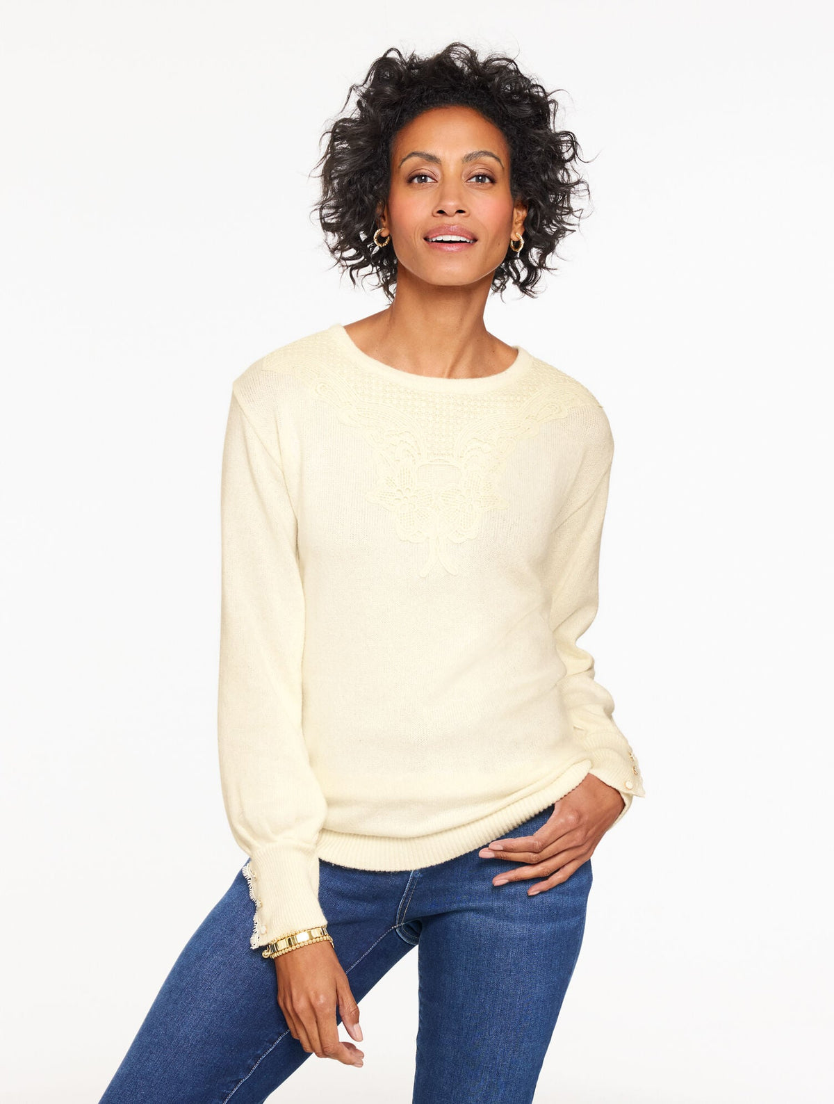 LACE YOKE CREWNECK SWEATER