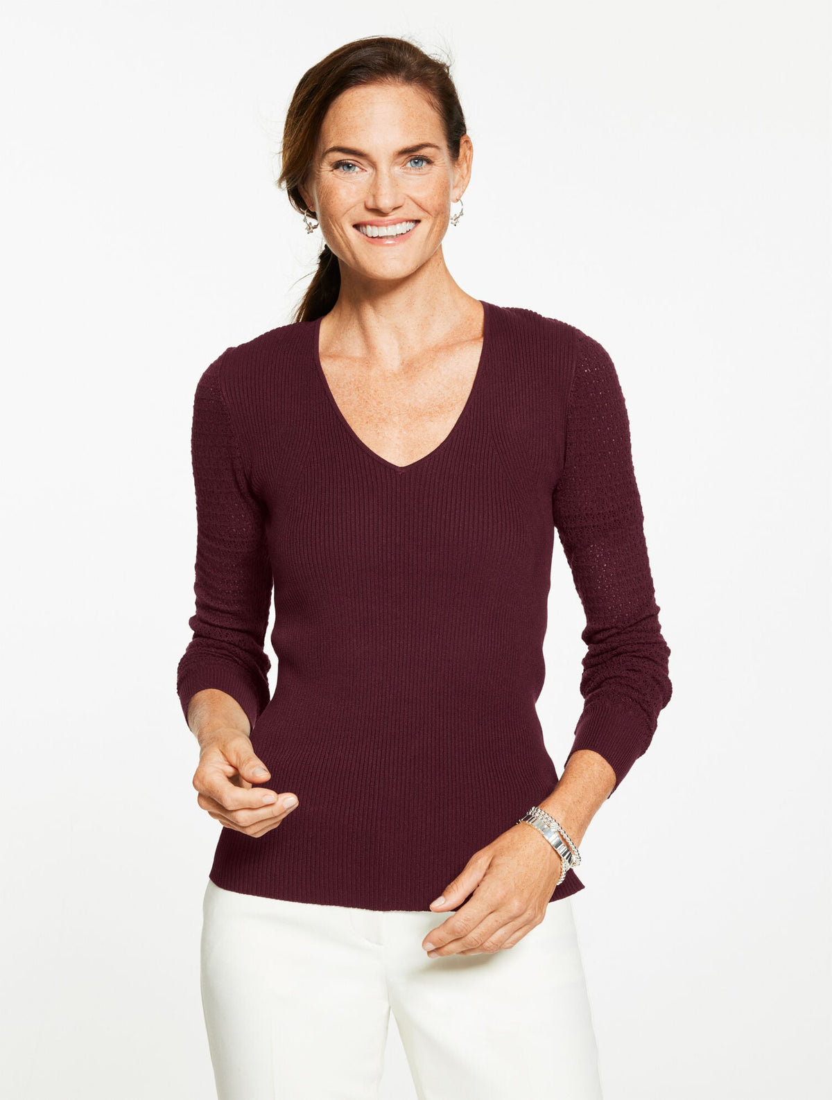 POINTELLE STITCH V-NECK SWEATER
