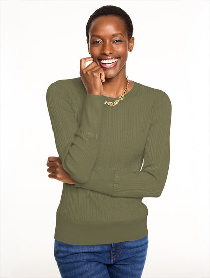 RIBBED POINTELLE CREWNECK SWEATER
