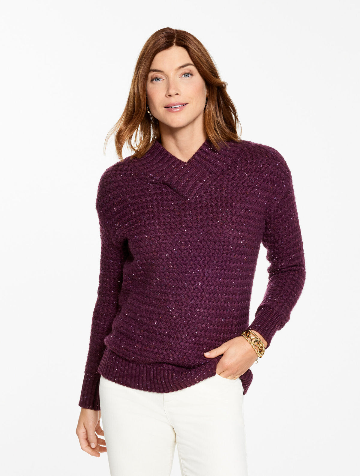 TEXTURED V-NECK PULLOVER - TWEED