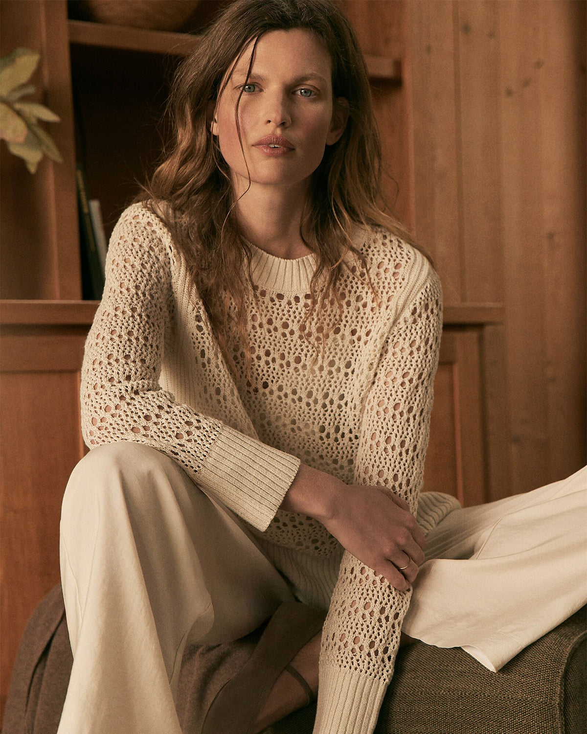 ORGANIC COTTON LINEN OPEN STITCH CREWNECK SWEATER