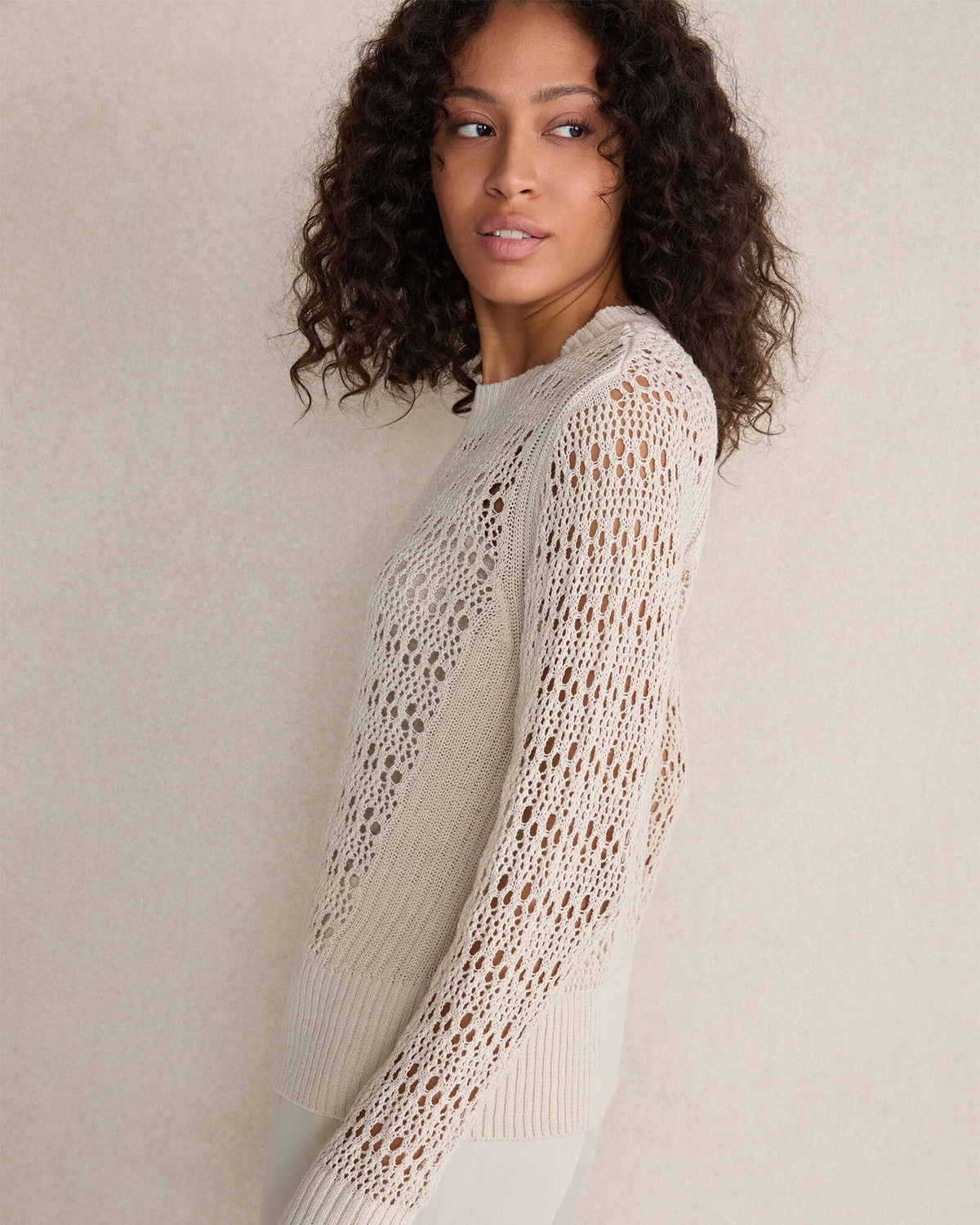ORGANIC COTTON LINEN OPEN STITCH CREWNECK SWEATER