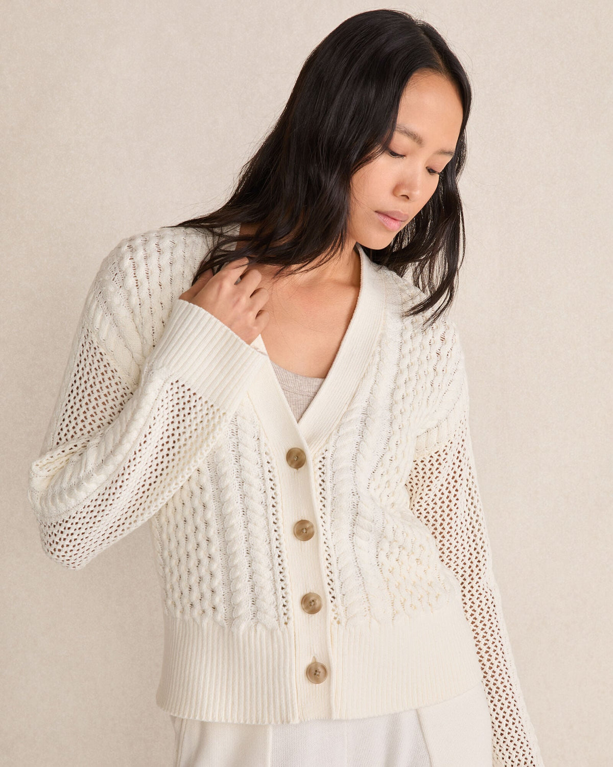 COTTON BLEND MIXED STITCH CARDIGAN