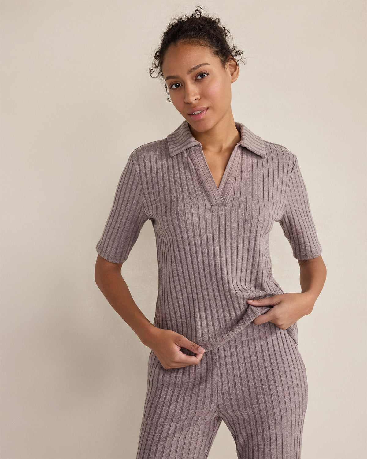 WIDE RIB KNIT JOHNNY COLLAR TOP